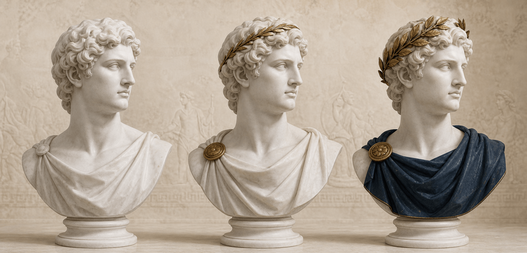 Evolução visual do avatar do Ágora, de um busto clássico simples a um avatar com louros e manto azul