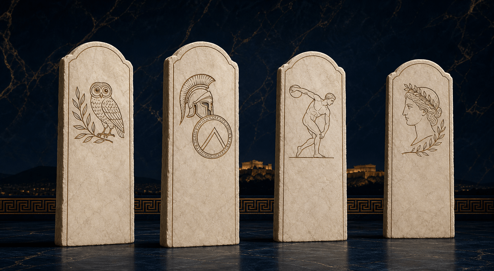 Quatro estelas de mármore representando as trilhas de sabedoria, disciplina, movimento e equilíbrio do Ágora